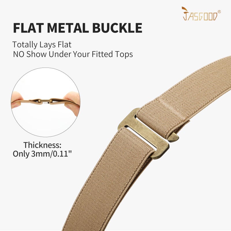 JASGOOD Women No Show Stretch Belt Invisible Elastic Web Strap Belt with Flat Buckle for Jeans Pants Dresses (Suit for US Size 0-16, Khaki) - Image 4